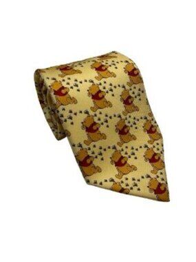 DISNEY TIE RACK 100% Silk Tie Winnie The Pooh Chasing Bees Yellow MADE IN ITALY
